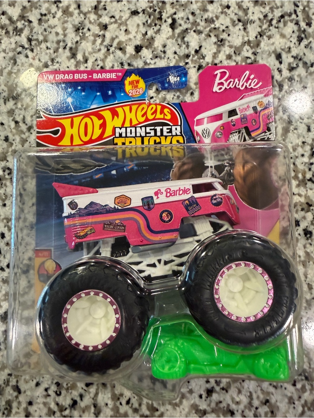Barbie Hot Wheels Monster Trucks VW Drag Bus in Pink and White